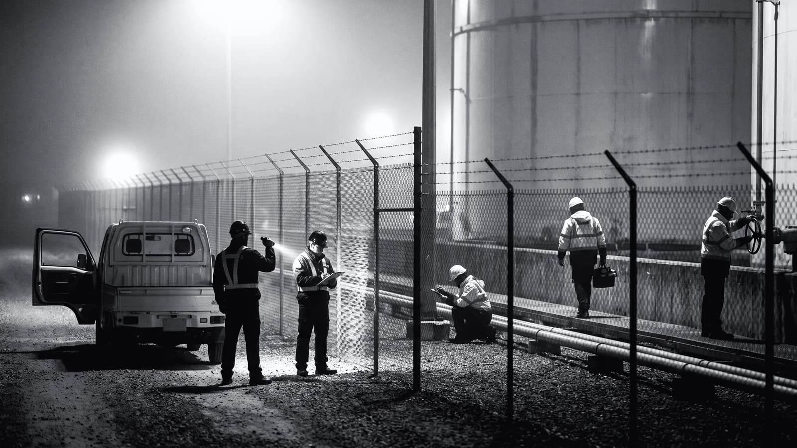Illustrative frame: the floodlit perimeter road of an industrial site at night. Two technicians work beside a parked flatbed — one sweeping the fence line with a torch, one writing on a clipboard — with three more along the pipe run beyond them and a storage tank behind. Shown in black and white, with the annotated regions revealed in magenta.