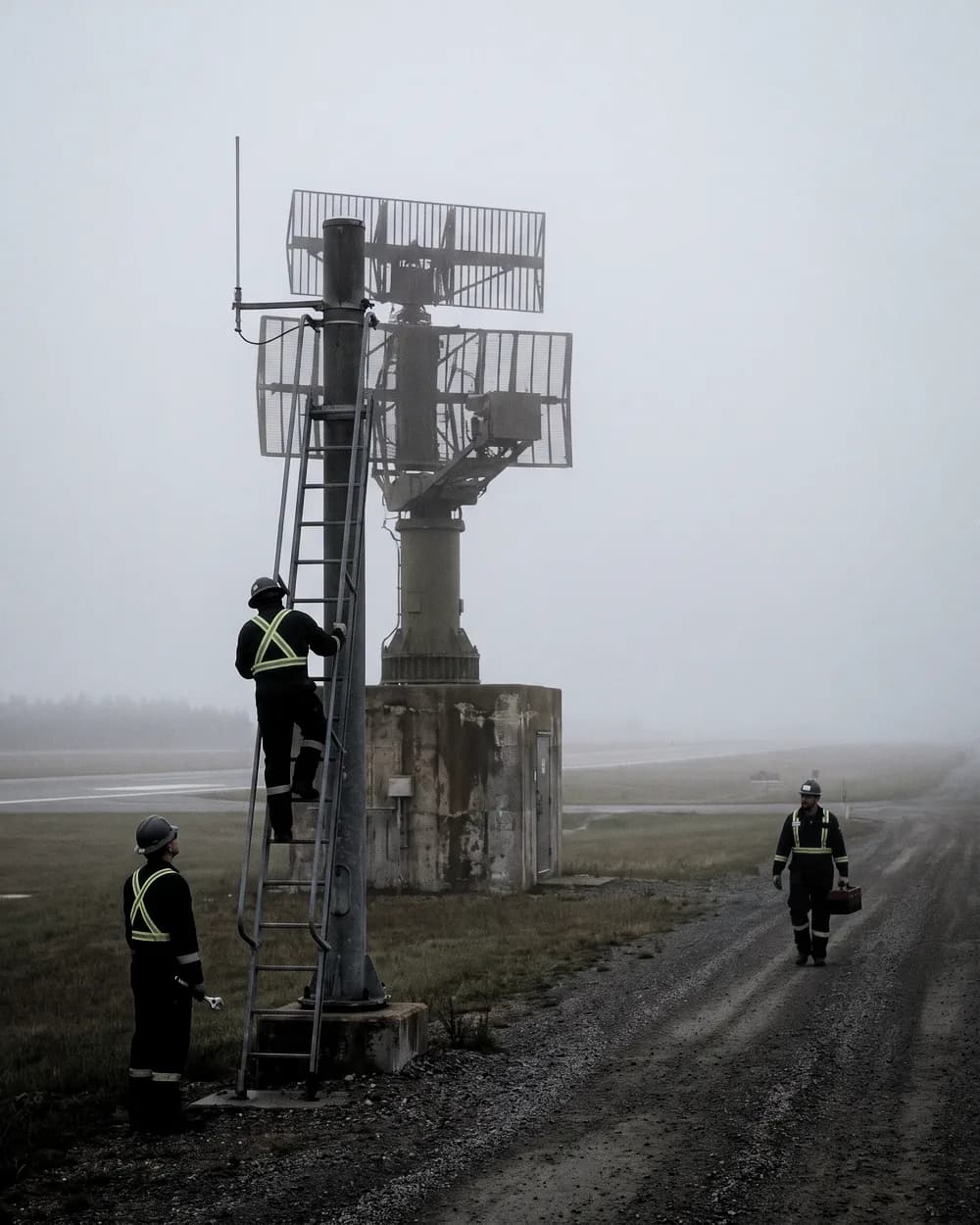 Illustrative frame: a technician on the access ladder of an unmarked radar mast beside an airfield road, a second standing at its foot and a third walking in with a toolbox.