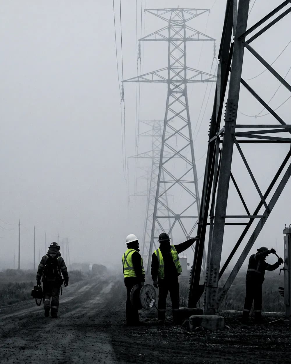 Illustrative frame: a line crew at the foot of a high-voltage transmission tower in heavy mist, one of them with a hand on the steel and a cable drum beside them.