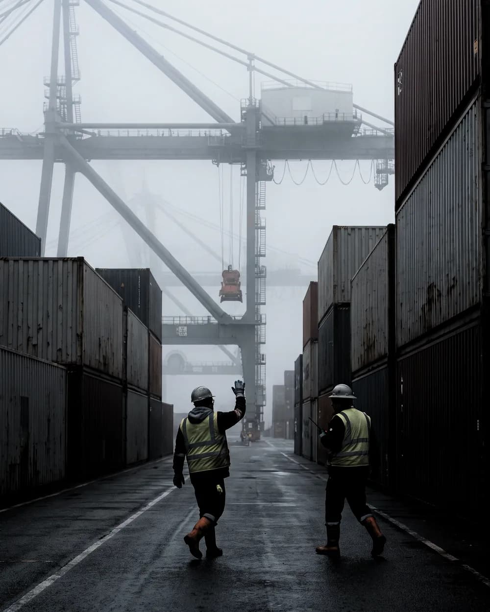 Illustrative frame: two dock workers walking the lane between container rows at a port terminal, the near one signalling up to a ship-to-shore gantry.