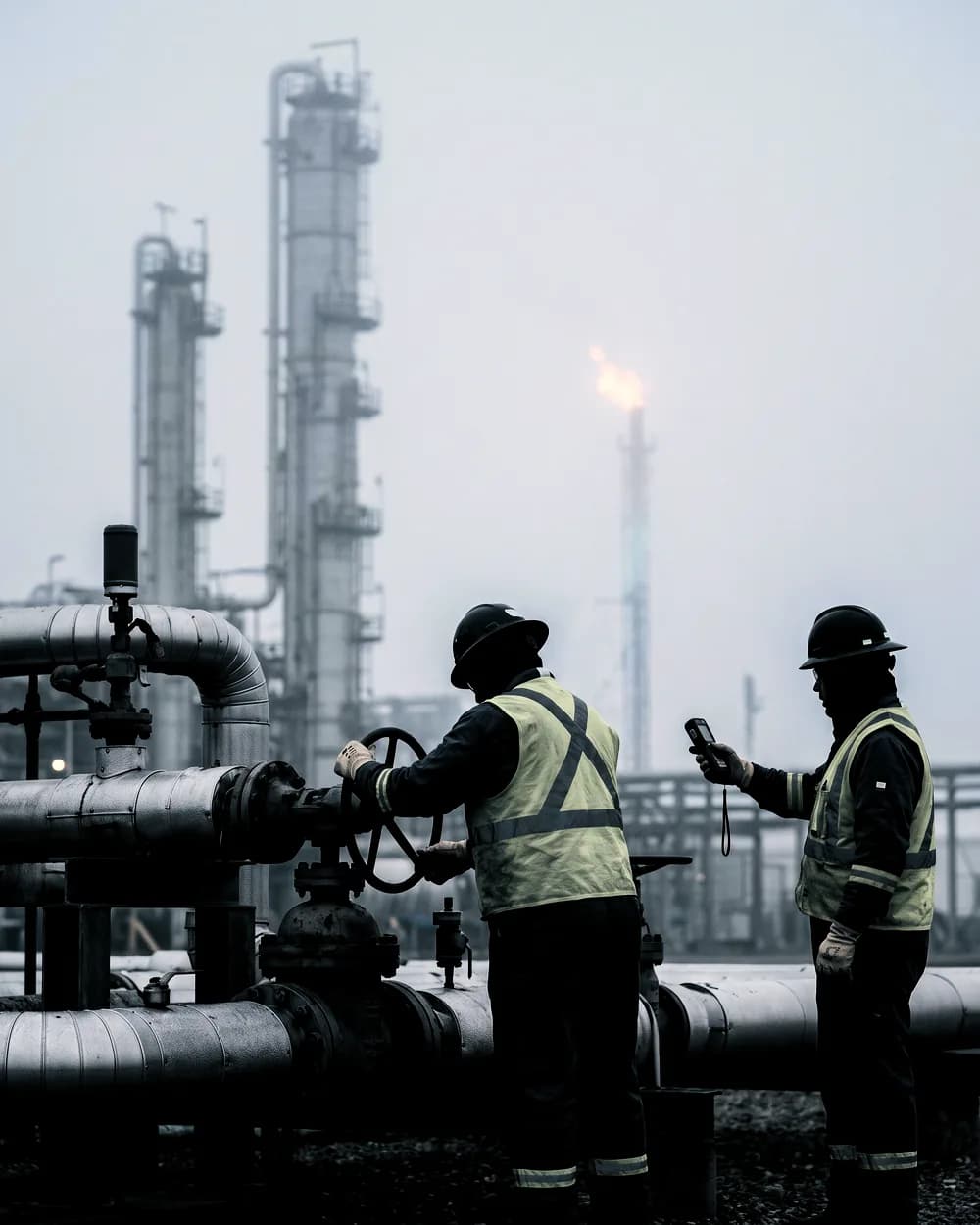 Illustrative frame: two process technicians at a valve manifold on a refinery pipe rack at dawn, one with a gloved hand on the handwheel, distillation columns and a lit flare behind them.