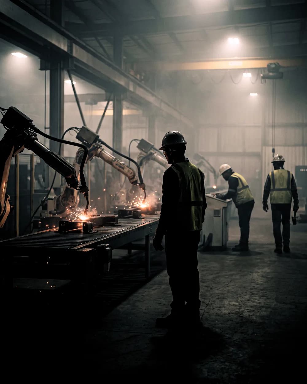 Illustrative frame: a welder standing at a conveyor line beside a robot cell in a darkened production hall, the weld flashing on the fixture in front of him.