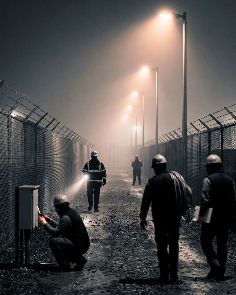 Illustrative frame: a floodlit fence corridor at night. An officer walks the line with a torch, a second is crouched at a cabinet in the near ground and two more stand at the right.