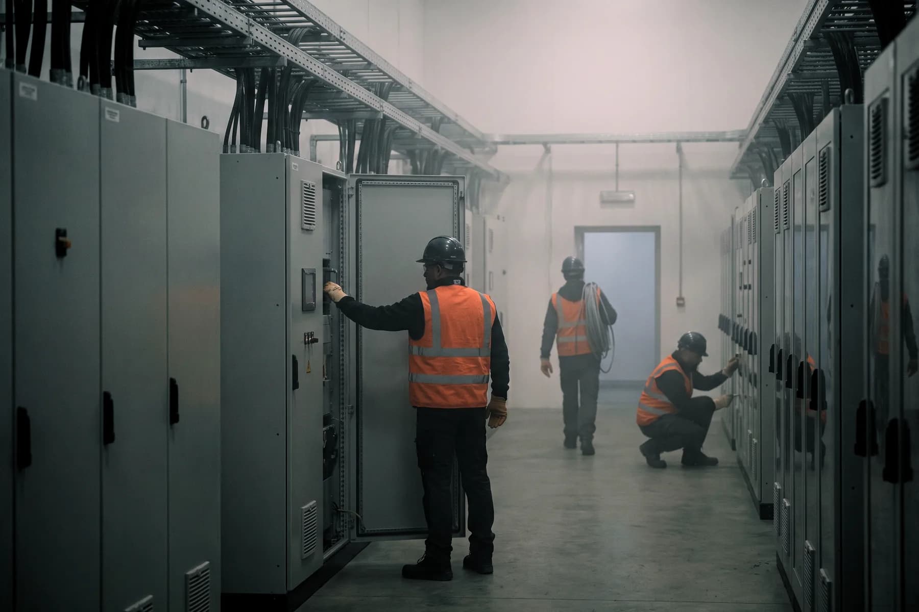 Illustrative frame: a telemetry corridor inside an industrial facility, ranks of equipment cabinets receding under overhead cable trays.