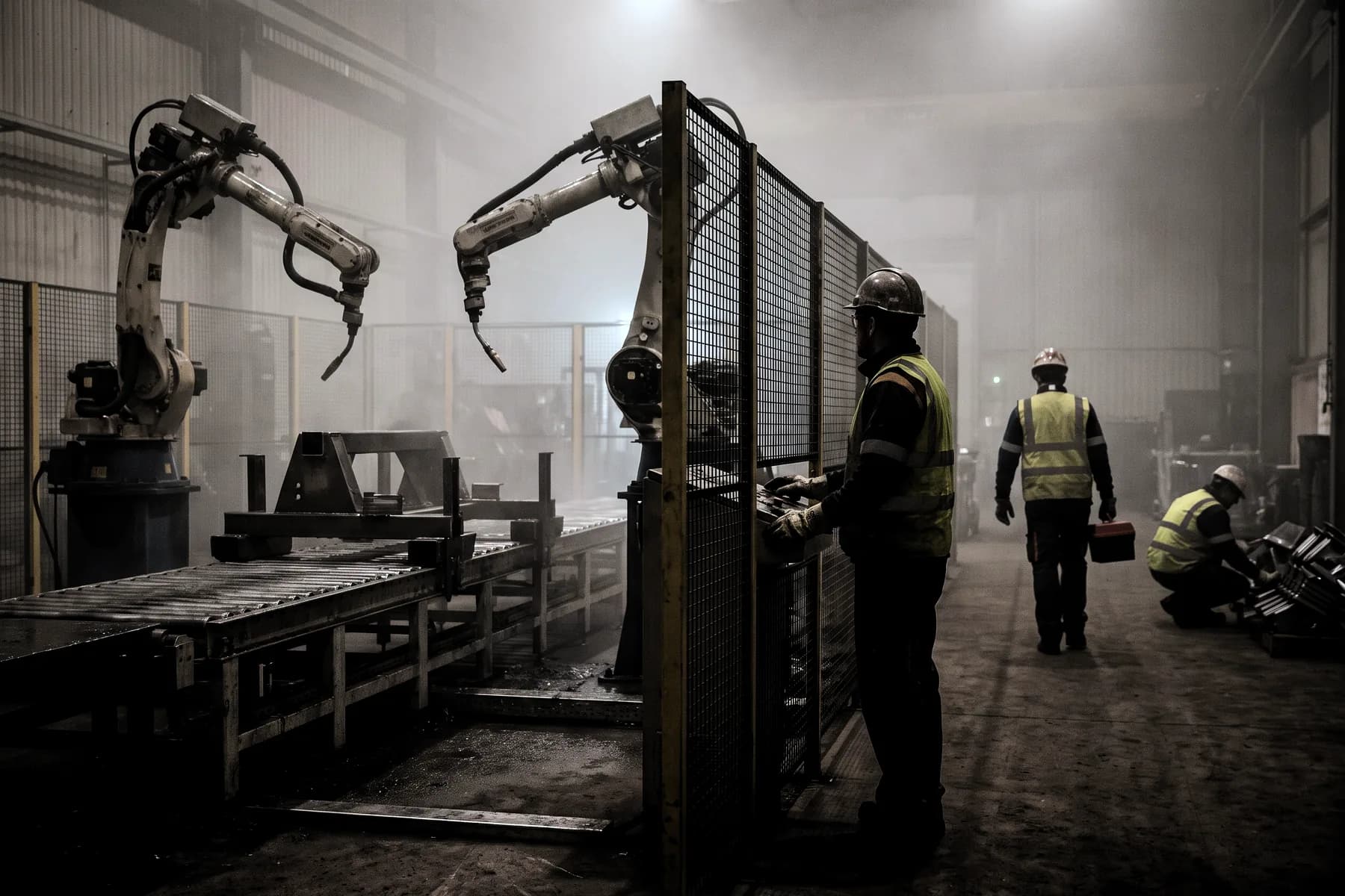Illustrative frame: a robotic handling cell inside a production hall, two articulated arms over a conveyor line behind safety fencing.