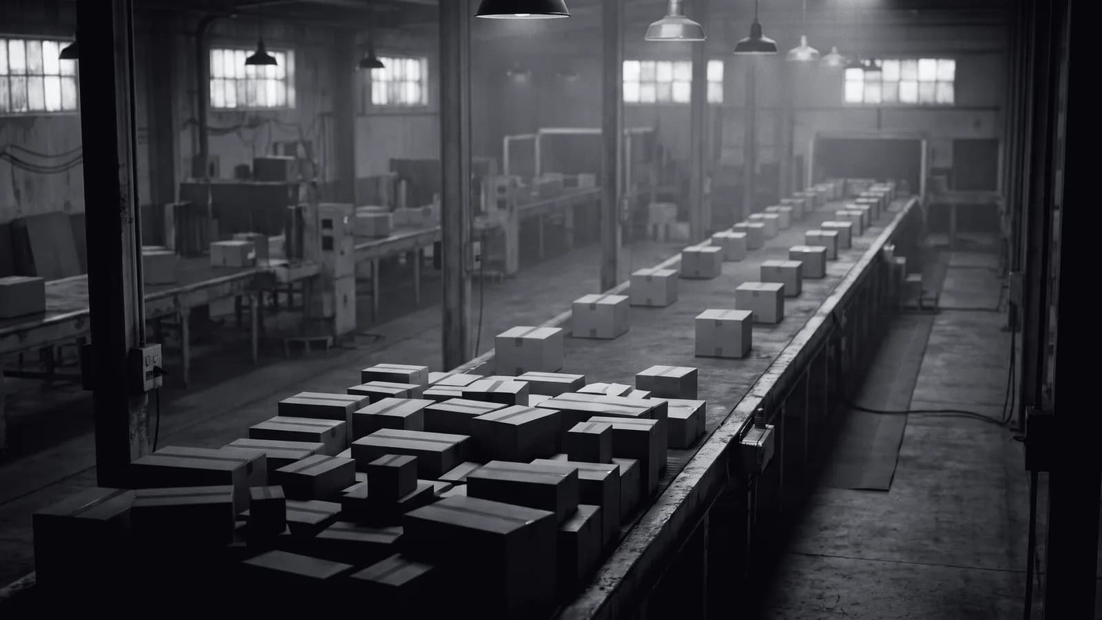 Illustrative frame: a parcel sorting conveyor, with computer vision separating the congested section of belt from the free-flowing section further along. Shown in black and white, with the annotated regions revealed in colour.