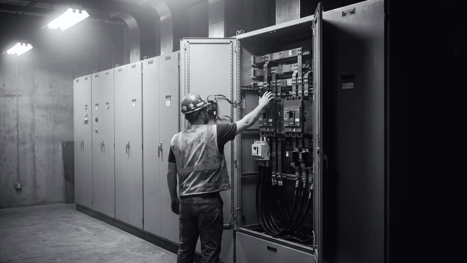 Illustrative frame: a switchgear room. A maintenance technician stands at an open electrical cabinet with one forearm reaching in toward the exposed internals. Shown in black and white, with the annotated regions revealed in colour.