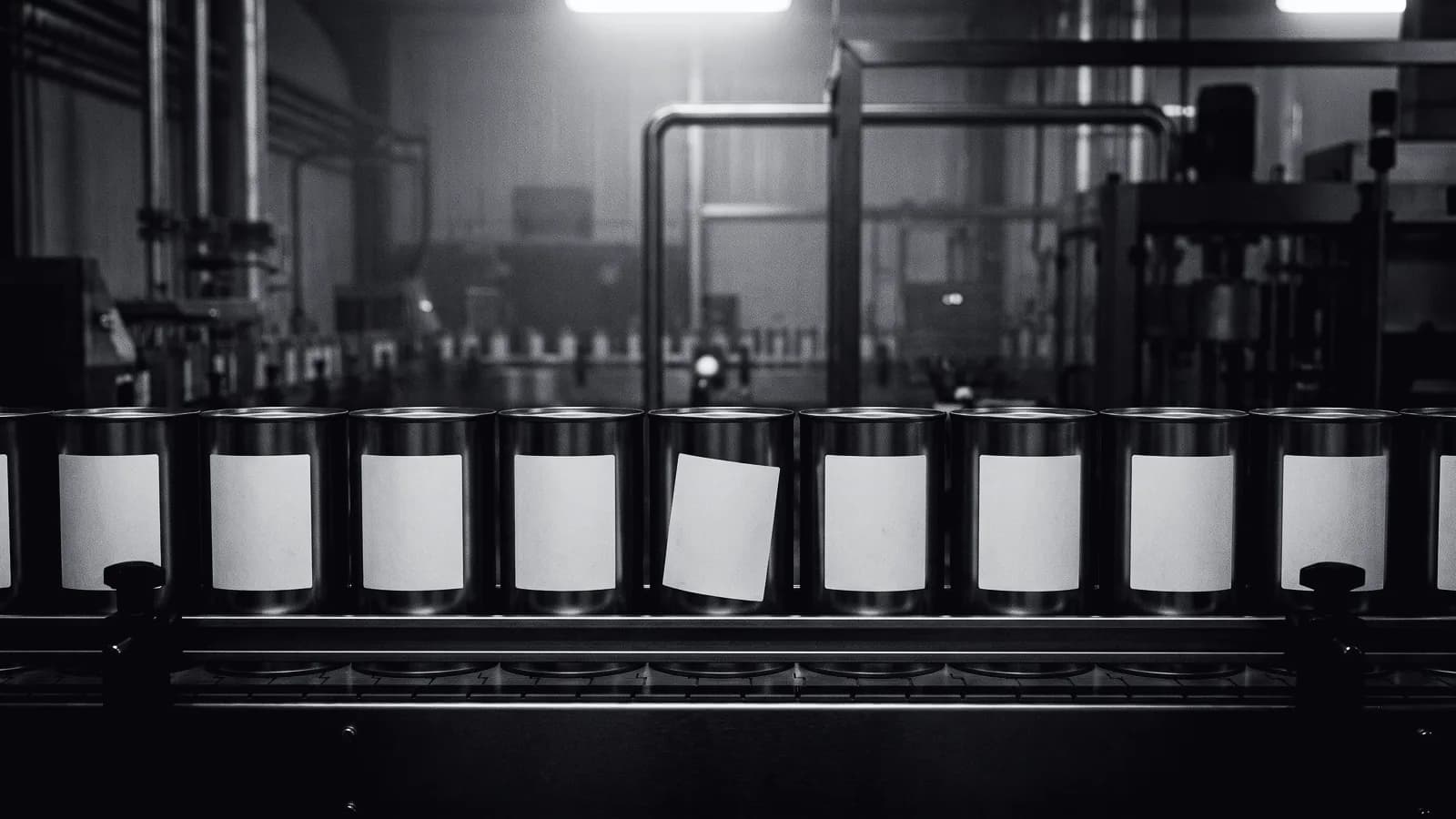 Illustrative frame: a row of plain containers on a packaging conveyor, with computer vision flagging one label as misaligned against its neighbours. Shown in black and white, with the annotated regions revealed in colour.