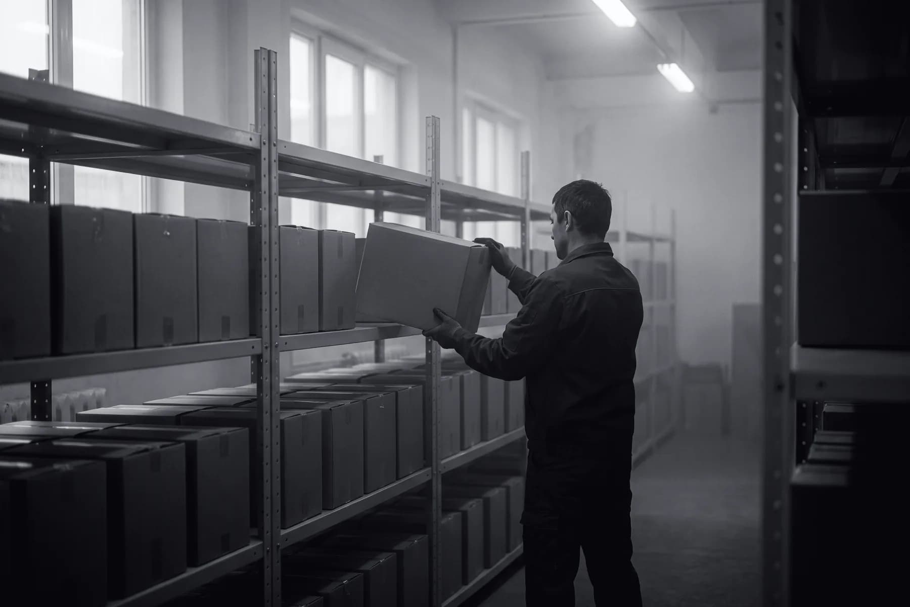 Illustrative frame: a stock room aisle. One person lifts an unmarked carton clear of a shelf, the space it came from visible beside it. Shown in black and white, with the annotated regions revealed in colour.