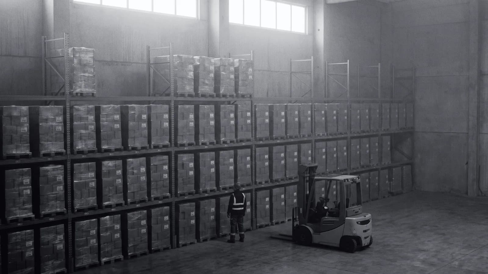 Illustrative frame: a warehouse storage bay. A run of pallet racking holds wrapped pallets in a grid of bays with several bays empty, a forklift working the lane in front of it. Shown in black and white, with the annotated regions revealed in colour.