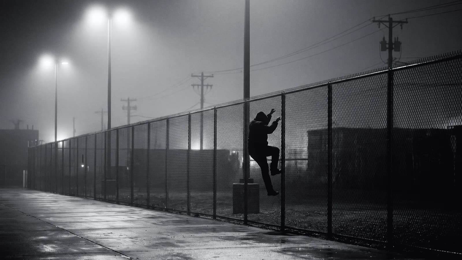 Illustrative frame: a floodlit security fence line at night. One figure is part-way up the outside of the fence, seen in silhouette against the dark ground beyond. Shown in black and white, with the annotated regions revealed in colour.