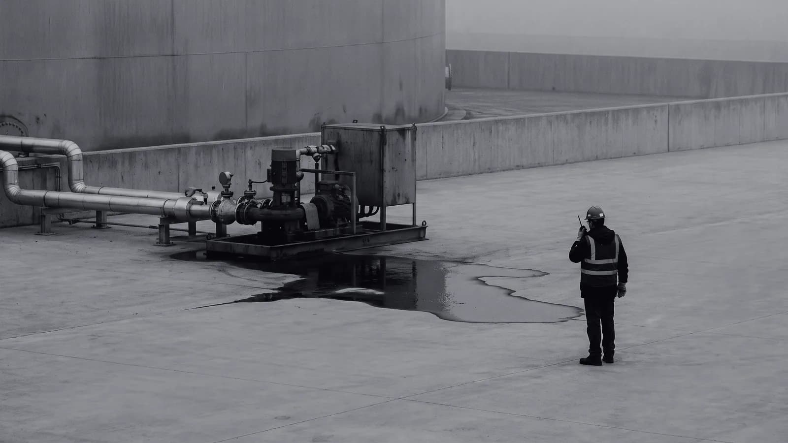 Illustrative frame: a refinery tank farm apron. A dark pool of spilled hydrocarbon has spread across the concrete below a pump skid, and an operator in PPE stands well back from it with a hand raised to a radio. Shown in black and white, with the annotated regions revealed in colour.