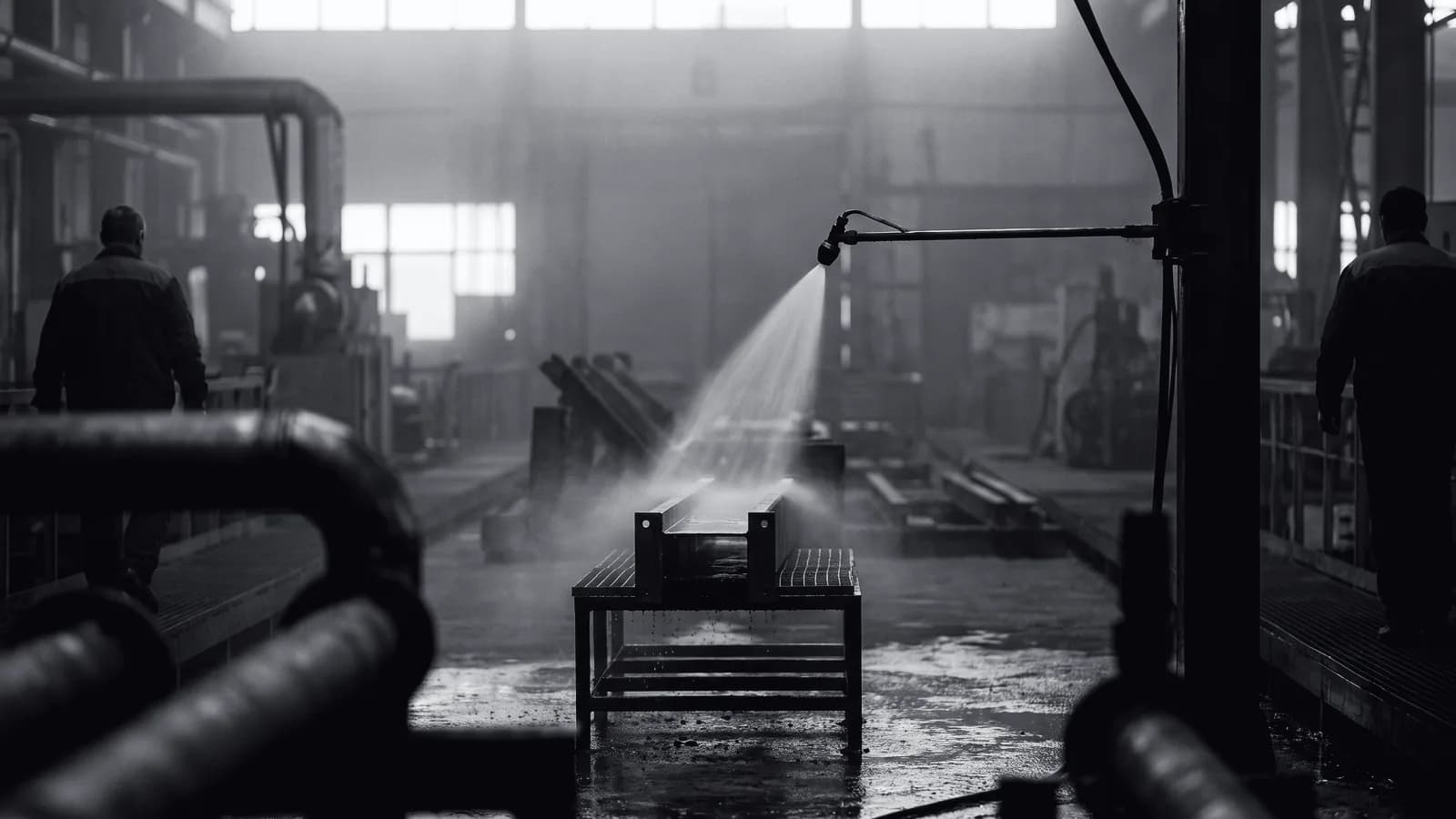 Illustrative frame: a wash-down booth with a fixed nozzle spraying a steel workpiece, and computer vision tracing the extent of the atomised fan from its origin at the nozzle. Shown in black and white, with the annotated regions revealed in colour.