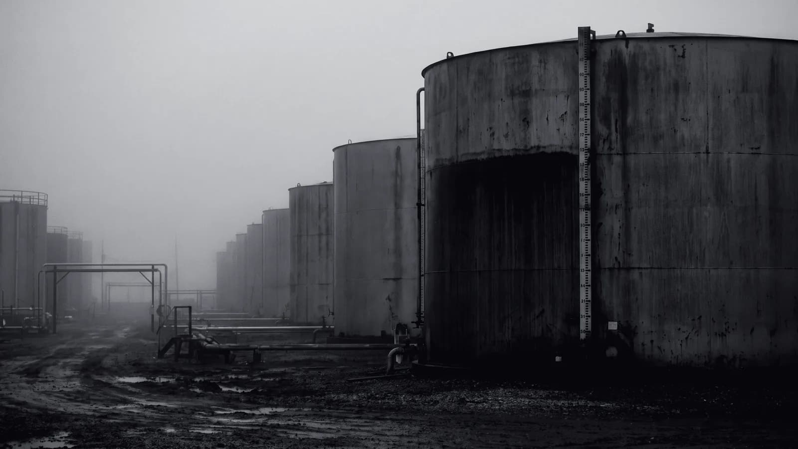 Illustrative frame: a row of cylindrical storage tanks in a tank farm, with computer vision reading the fill level off the nearest shell against its gauge scale. Shown in black and white, with the annotated regions revealed in colour.