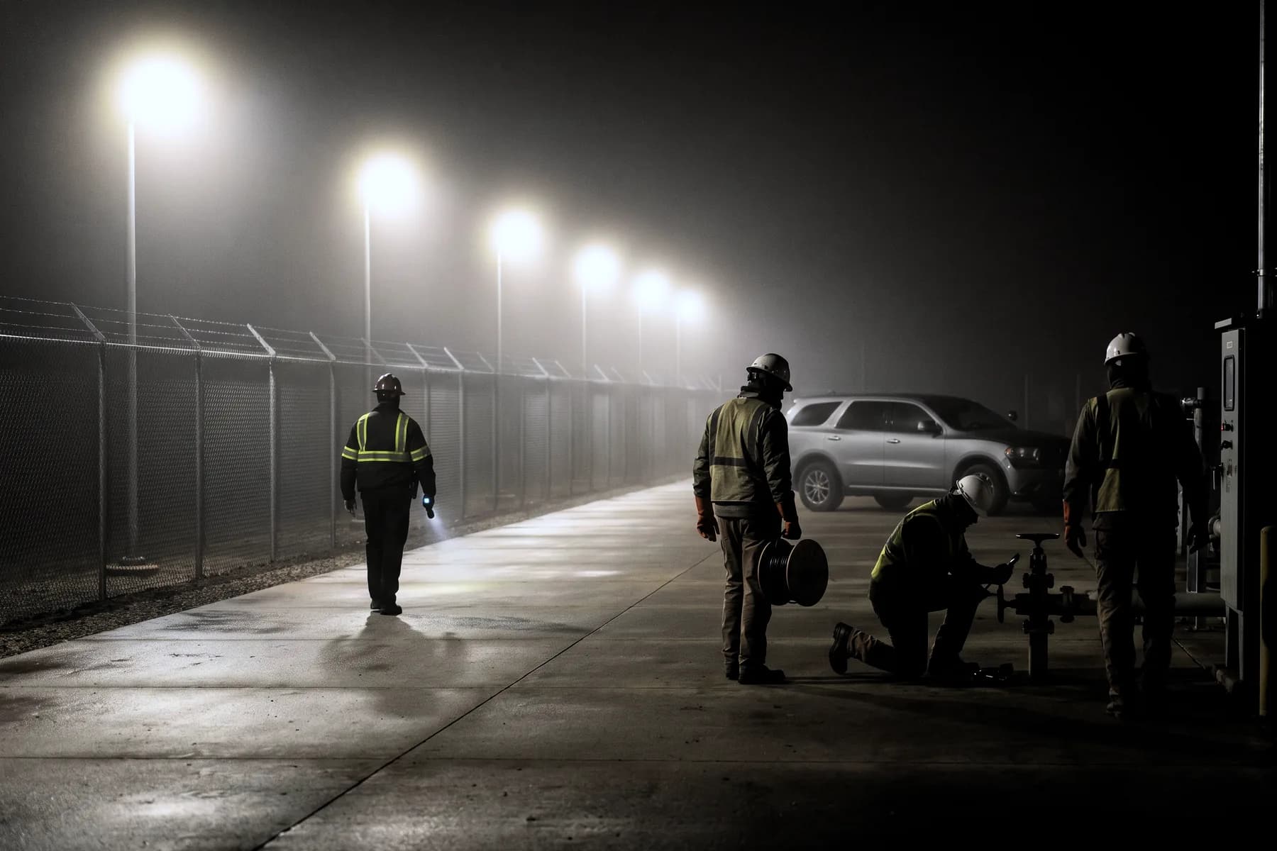 Illustrative frame: a secured perimeter at night. An officer walks the fence line with a torch while a crew works a valve set at the far end of the apron beside a parked car, under a line of floodlights.
