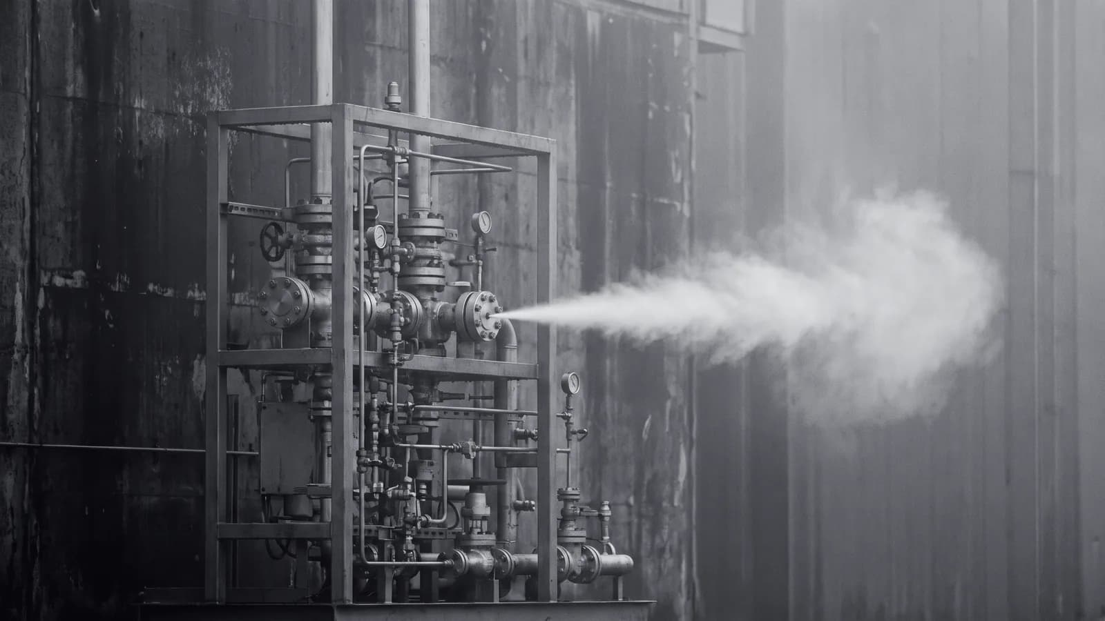 Illustrative frame: a gas processing skid. A fine plume of escaping vapour jets sideways from one flange joint and disperses into a cone. Shown in black and white, with the annotated regions revealed in colour.