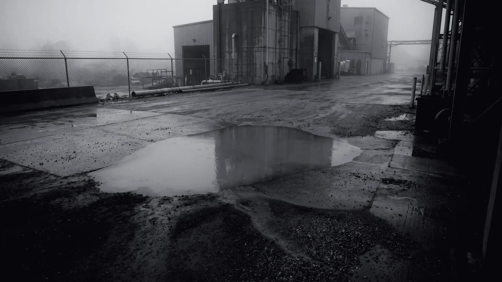 Illustrative frame: an industrial yard after heavy rain, with computer vision tracing the extent of standing water and reporting the area it covers. Shown in black and white, with the annotated regions revealed in colour.